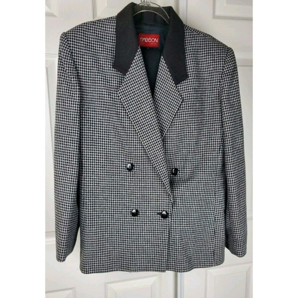 80's Power Suit Vtg Sasson Black Houndstooth Blazer & Skirt Womens Size 12